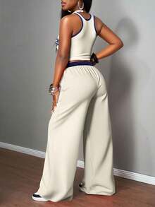 Slaydiva 2 件女士休闲街头风格数字和字母印花紧身吊带背心和宽松裤子套装，适合街头时尚 - 彩色 - 查看 2