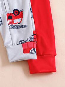 SHEIN Bộ đồ ngủ liền thân dài tay in hình xe cứu hỏa dễ thương cho bé trai, mùa xuân/hè - Đỏ - Xem 6