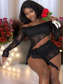 Slaydiva 春夏新品，适合情人节、狂欢节、中国新年、复活节、纳什维尔派对、约会、日常穿着、休闲、度假、邮轮旅行、海滩、日光浴，性感露肩镂空腰高开衩蕾丝连衣裙，适合女士 - 黑色 - 查看 5