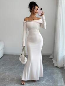 Elenzga 露肩扭纹设计优雅派对美人鱼修身针织女裙 - 杏色 - 查看 3