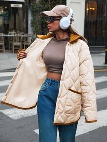 EURMUSE Áo khoác chần bông Golden Accent – Đường khâu kim cương ấm cúng với chi tiết nhung kẻ - Màu be - Xem 7