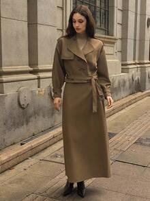 DAZY Women's Solid Color Loose Lapel Shoulder Strap Belt Cuff Double-Breasted Outdoor Jacket & A-Line Skirt Casual Street Suit, 2-Piece Set, Autumn/Winter