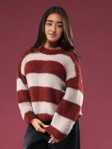 SUMWON Striped Knit Sweater With Crew Neck Long Sleeves Winter Cozy Pullover - Multicolor - View 2