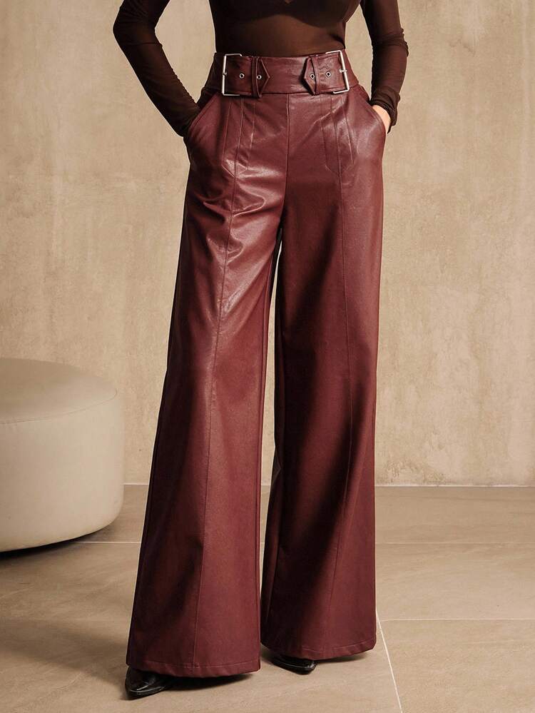 Women's High Waist Wide Leg PU Leather Pants, Burgundy, Business Casual New Style For Halloween, Autumn/Winter