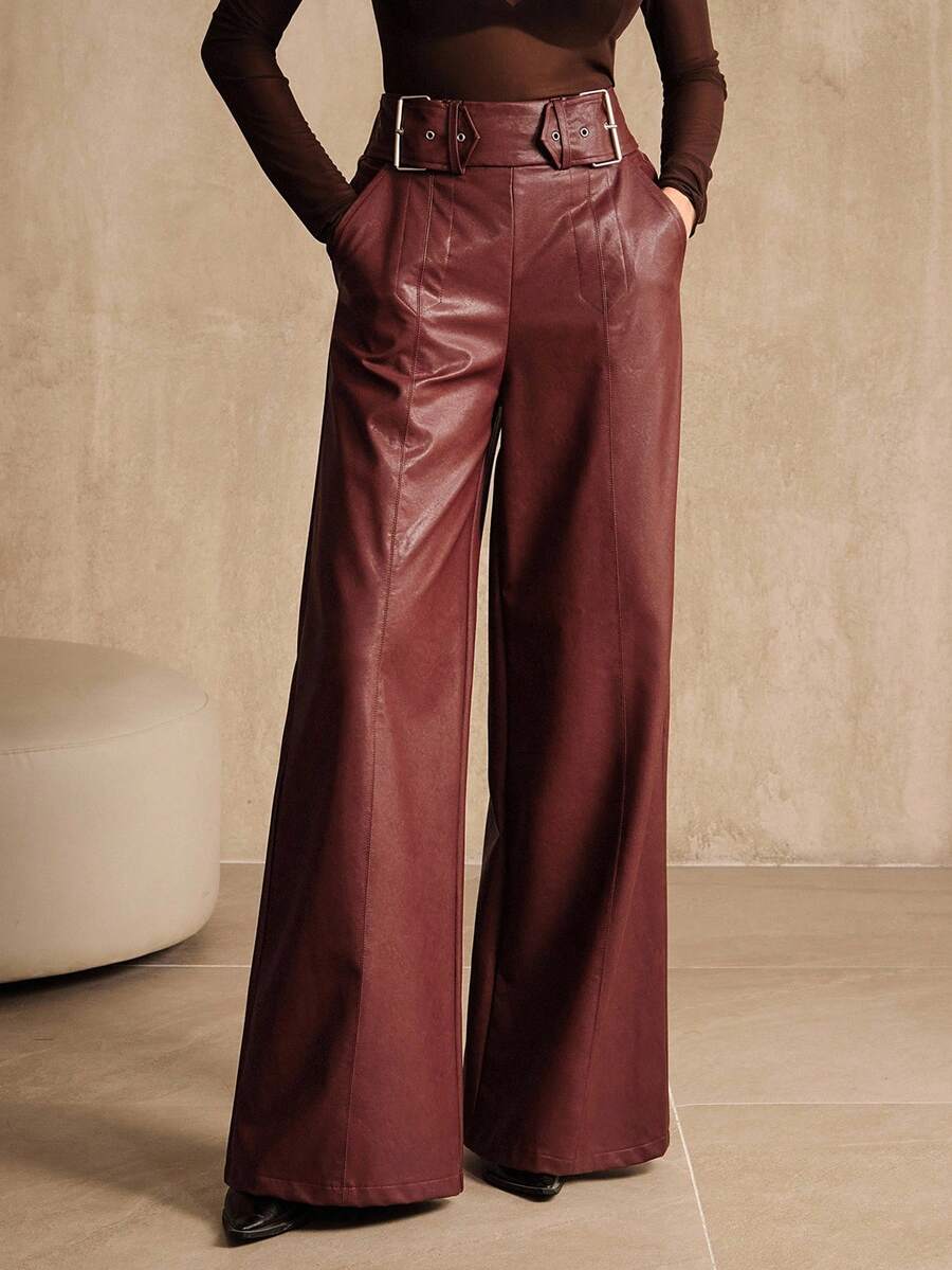Anewsta 女士高腰阔腿 PU 皮裤，酒红色，商务休闲新款，适合万圣节、秋冬 - 酒紅色 - 查看 1