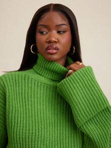 NYA SZN 长袖高领露脐上衣，宽松罗纹针织面料，弹力收腰设计，日常休闲街头风，简约大方，商务休闲，适合办公室、教师、返校季、秋冬季穿着，通勤、节日等场合皆宜，女士必备。 - 綠色 - 查看 5