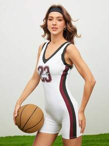 SHEIN Sports Bộ đồ liền thân không tay in màu tương phản dành cho nữ - Đỏ và trắng - Xem 5