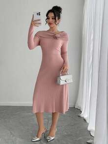 DAZY Off Shoulder Vintage Sweater Dress, Slimming Effect, Autumn/Winter New Arrival - Pink - View 5