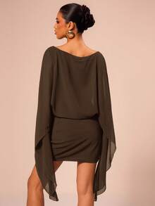 MUSERA Boat Neck Sleeve Mini Dress Vacation Summer Draped Slouch Boho Elegant Holiday Cute Sexy Vacation Ibiza Festival Rave Concert  Wedding Guest, Elegant, Birthday, Night Out, Date Night Party     Summer Outfit - Chocolate Brown - View 2