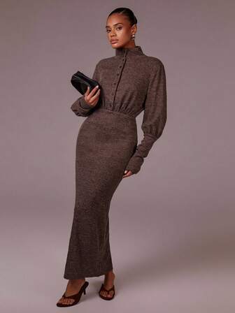 Athîral 女式纯色纽扣半襟长袖修身优雅连衣裙，秋季