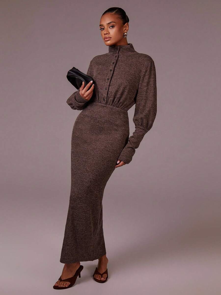 Athîral 女式纯色纽扣半襟长袖修身优雅连衣裙，秋季 - 棕色 - 查看 1