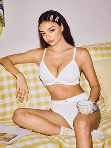 SHEIN Y2K Style Elastic Seamless Triangle Cup Ribbed Comfortable Scalloped Trim High Waist Camisole & Panty Set For Women - White - View 2