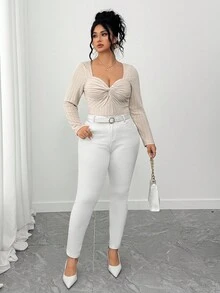 Elenzga Plus Twist Front Sweetheart Neck Tee - Beige - View 6