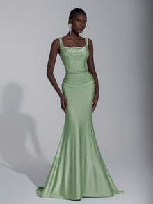 Elitara 优雅的橄榄绿色细肩带方领重饰褶饰腰部鱼尾连衣裙，适合约会、度假、毕业典礼、婚礼、正式活动 - 草綠色 - 查看 5