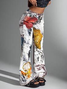 Jeanoix Quần ống loe in họa tiết kỹ thuật số thời trang thường ngày cỡ lớn dành cho nữ - Nhiều màu - Xem 5