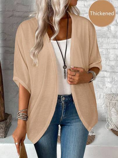 EMERY ROSE 1pc Women's Casual Solid Color Lightweight Windbreaker Jacket, Versatile For Spring & Autumn Shrugs Summer Lightweight Beige Summer Cardigan For Women Short Sleeve Cardigan Plus Solid Color Tops Thali Open Front Top,Fall