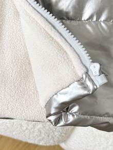 SHEIN 婴幼儿男女通用 0-3 岁休闲街头时尚厚立领夹克，金属银色外套，秋冬 - 銀色 - 查看 7