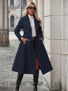 SHEIN LUNE 女式纯色翻领长袖双排扣口袋优雅羊毛大衣，秋冬 - 藏蓝色 - 查看 1