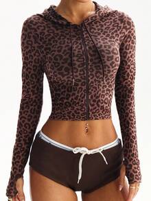 Slayform 1 件女式豹纹连帽拉链夹克，适合跑步、户外运动、健身 - 咖啡棕 - 查看 4