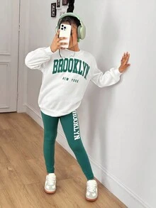 2 件 Tween Girls 字母印花针织连帽衫 + 针织紧身裤套装，休闲时尚日常百搭 - 白色 - 查看 4