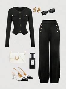 SHEIN MOD Women's Black Button Decorated Elegant Sweater And Knit Pants Set In Fall/Winter