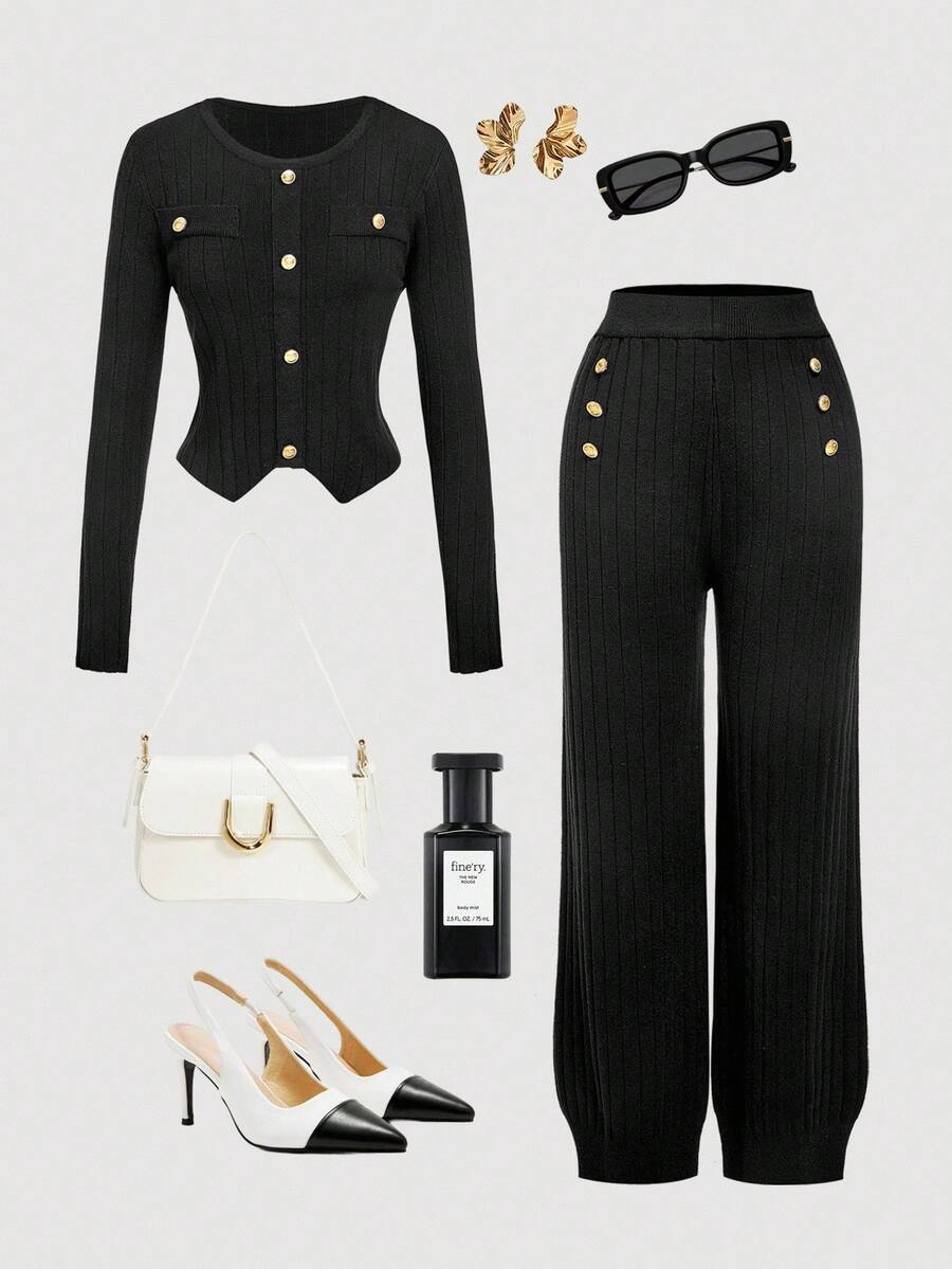 SHEIN MOD Women's Black Button Decorated Elegant Sweater And Knit Pants Set In Fall/Winter