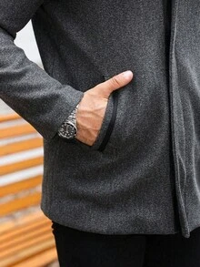 Manfinity Homme 男士休闲简约长袖拉链大衣，秋冬 - 深灰色 - 查看 6