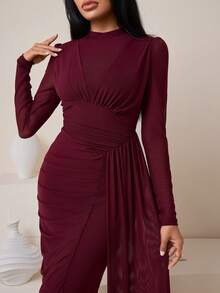 Veilorie Women's Solid Color Stand Collar Long Sleeve Pleated Fitted Elegant Mesh Arabic Dress Burgundy - Burgundy - View 2