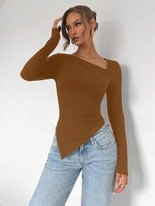 RosyDaze 不对称下摆长袖纯色 T 恤上衣，简约时尚，适合休闲日常穿着，基本款长袖上衣，长袖黑色上衣，女士长袖上衣，黑色长袖上衣 - 摩卡棕 - 查看 4