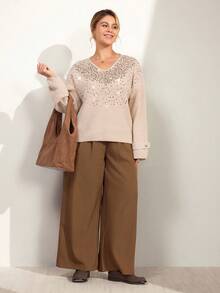 Momelise Áo len dệt kim đính cườm cổ chữ V thanh lịch dành cho nữ thiết kế mới, thời trang và tinh tế - Lạc đà - Xem 4