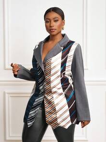 Slaydiva Bộ vest công sở trang trọng hàng ngày, thanh lịch, dễ mặc, dễ phối đồ, dáng rộng, tay dài, dáng rộng, họa tiết sọc, màu sắc cá tính, thiết kế thu đông 2025 dành cho phụ nữ ngoại cỡ - Nhiều màu - Xem 3