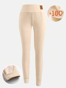 SHEIN Leggings per ragazze pre-adolescenti, termici e foderati per l'autunno/inverno, in morbido tessuto elasticizzato a costine, con toppe in PU, adatti a ogni occasione, colori cachi e albicocca