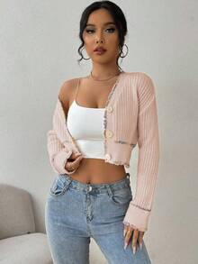 EMERY ROSE Áo khoác cardigan ngắn nhẹ cài nút thường ngày cho nữ, tay dài - Màu be - Xem 5