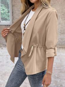 EMERY ROSE 女式纯色卷边袖抽绳腰休闲风衣，秋季 - 卡其色 - 查看 8