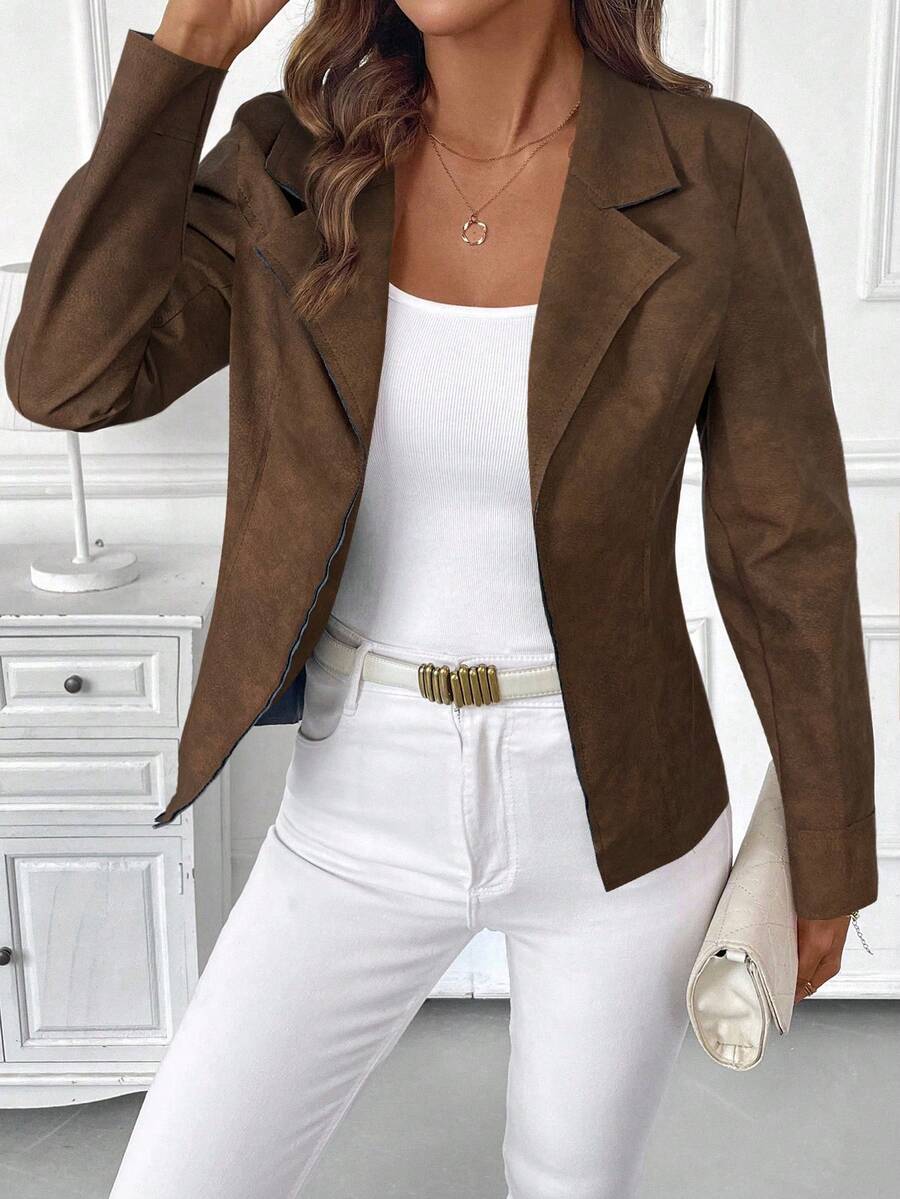 SHEIN Clasi Women's Faux Deer Suede Lapel Waist Drawstring Casual Long Sleeve Jacket In Fall/Winter - Coffee Brown - View 1