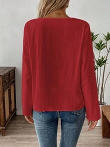 SHEIN LUNE 女士纯色简约休闲圆领长袖衬衫 - 紅色 - 查看 2