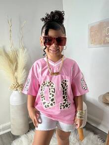 少女宽松V领豹纹字母图案休闲运动T恤 粉色 Y2K - 粉色 - 查看 3