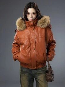 Bloopia 梅洛南瓜色复古工装风格休闲时尚个性简约女式秋冬万圣节宽松连帽 PU 皮夹克 - 橘色 - 查看 8
