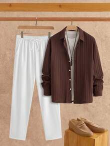 Manfinity NXTstreet 2 件男士休闲衬衫和裤子套装，适合日常穿着，秋季服装 - 彩色 - 查看 1