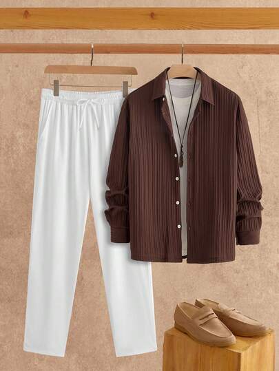 Manfinity NXTstreet 2 件男士休闲衬衫和裤子套装，适合日常穿着，秋季服装