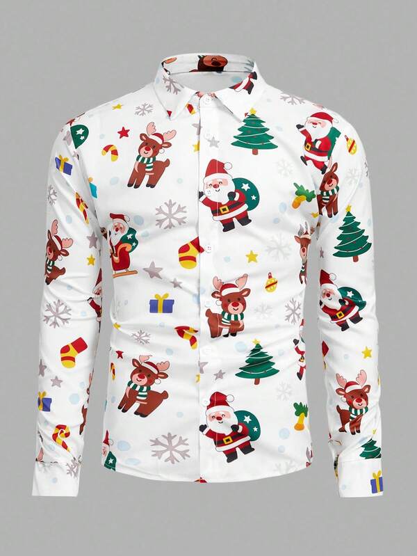 HIMLAND Camisa de manga larga estampada para hombre, adecuada para Navidad
