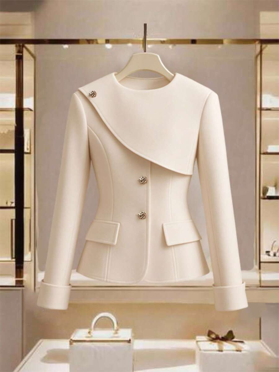 GlowEve Women's Elegant Solid Color Waist Cinched Commuter Jacket - Beige - View 1