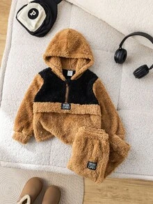 SHEIN 2 pièces/Set Bébé Garçon/Fille Décontracté Mignon Bloc de Couleur Sweat-shirt à Capuche Moelleux et Pantalon de Jogging Ensemble de Survêtement, Vêtements de Bébé Unisexe, Tenue Thermique d'Hiver pour Bébé