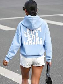 SHEIN 标语图案落肩抽绳保暖连帽套头衫（秋季款） - 淺藍色 - 查看 2