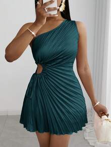 Slaydiva New Summer Vacation Beach Elegant Sleeveless Drawstring Waist Pleated Mini Dress - Dark Green - View 6
