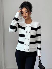 Elenzga Cardigan tricotat cu mânecă lungă pentru femei, cu design clasic cu dungi, la modă, versatil, pentru naveta zilnică, cu nasturi, guler rotund, elegant și grațios, toamnă/iarnă - Alb-negru - Vizualizare 6