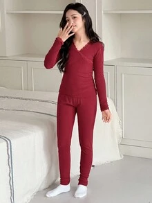 DAZY 青少年女孩纯色长袖上衣和裤子睡衣套装