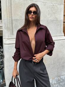 Aloruh Áo sơ mi tay dài cổ đứng đa năng, thường ngày đi làm màu đỏ tía mới thu/đông dành cho nữ - Màu Đỏ Sâu - Xem 5