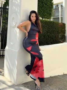 NegzBox 女式夏季针织围脖领印花连衣裙 - 黑色 - 查看 1