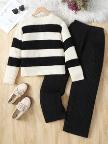 Sparklyn 1 Set Soft & Skin-Friendly Colorblock Striped Crew Neck Loose Sweater & Straight Leg Wide Pants, Versatile Outfit For Casual, Outdoor, Gathering And More Occasions, Suitable For Tween Girls Fall Winter - Multicolor - View 8